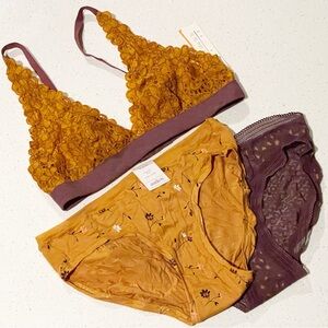 Floral Lace Bralette and Panty Set - Mustard and Burgundy